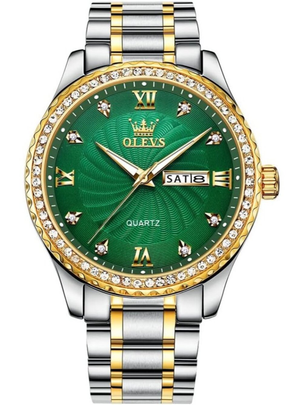 Mens Silver Green Stainless Steel Analog Quartz Classic Waterproof Diamond Watch